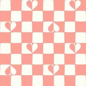 Retro Checkerboard hearts coral red and natural white by Jac Slade