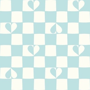 Retro Checkerboard hearts mint blue and natural white by Jac Slade
