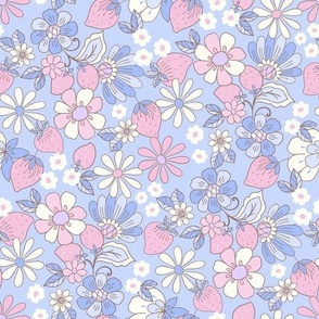 Candyfloss Strawberry patch retro floral candy pink and cornflower blue by Jac Slade