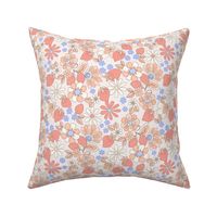 Candyfloss Strawberry patch retro floral neutral retro red and orange and blue by Jac Slade