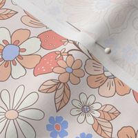 Candyfloss Strawberry patch retro floral neutral retro red and orange and blue by Jac Slade