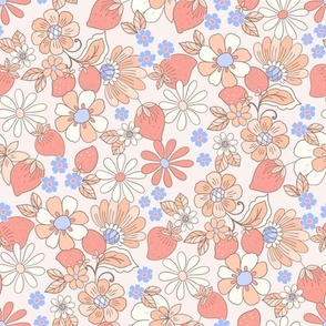 Candyfloss Strawberry patch retro floral neutral retro red and orange and blue by Jac Slade