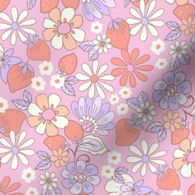 Candyfloss Strawberry patch retro floral red_ purple and range on candy pink by Jac Slade
