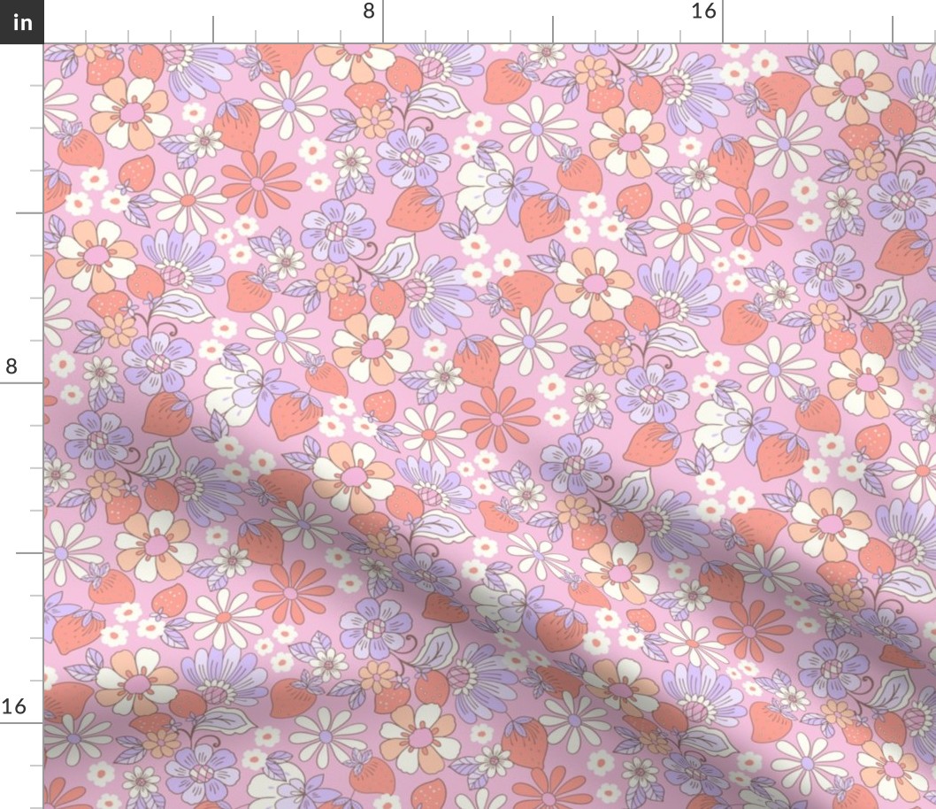 Candyfloss Strawberry patch retro floral red_ purple and range on candy pink by Jac Slade