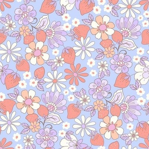 Candyfloss Srawberry patch retro floral retro red_ purple_ orange on cornflower blue by Jac Slade