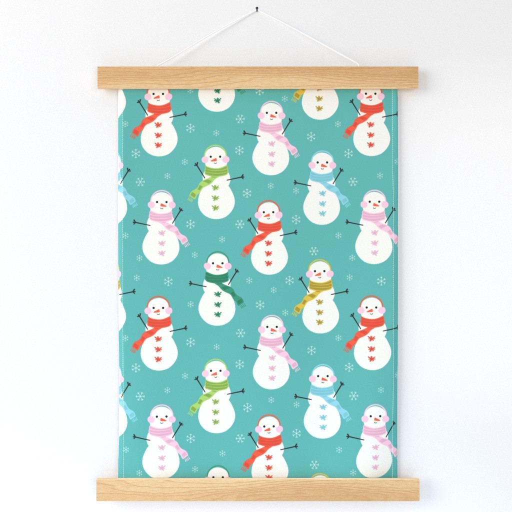 Cheerful Snowmen on teal large