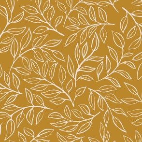 [Wallpaper] Gold and cream Painterly leaves scatter, hand drawn ditsy floral leaf, botanical toss, non directional whimsical leaves