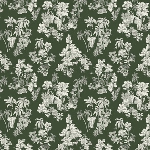 Tropical Jungle Safari toile - off white and forest green  // Medium scale