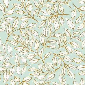 [Wallpaper] pastel mint and cream Painterly leaves scatter, hand drawn ditsy floral leaf, botanical toss, non directional whimsical leaves