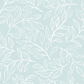 [Wallpaper] Pastel blue and white Painterly leaves scatter, hand drawn ditsy floral leaf, botanical toss, non directional whimsical leaves