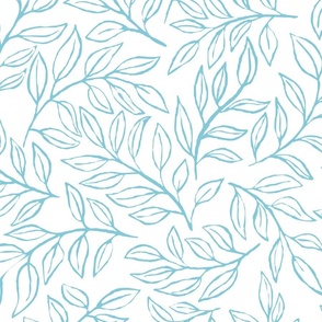 [Wallpaper] Pastel Blue and white Painterly leaves scatter, hand drawn ditsy floral leaf, botanical toss, non directional whimsical leaves