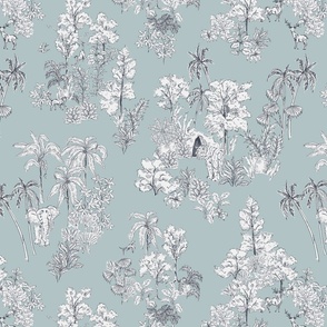 Tropical Jungle Safari toile - white and sage green     // Big scale