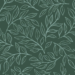 [wallpaper] Jade Green Painterly leaves scatter, hand drawn ditsy floral leaf, botanical toss, non directional whimsical leaves