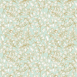 [medium] pastel mint and white Painterly leaves scatter, hand drawn ditsy floral leaf, botanical toss, non directional whimsical leaves