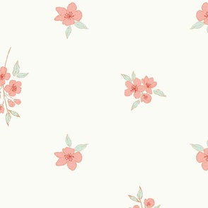 [wallpaper] white and pink petite dainty floral, hand drawn ditsy floral, scattered non directional small flowers, botanical toss cherry blossoms, plum flowers
