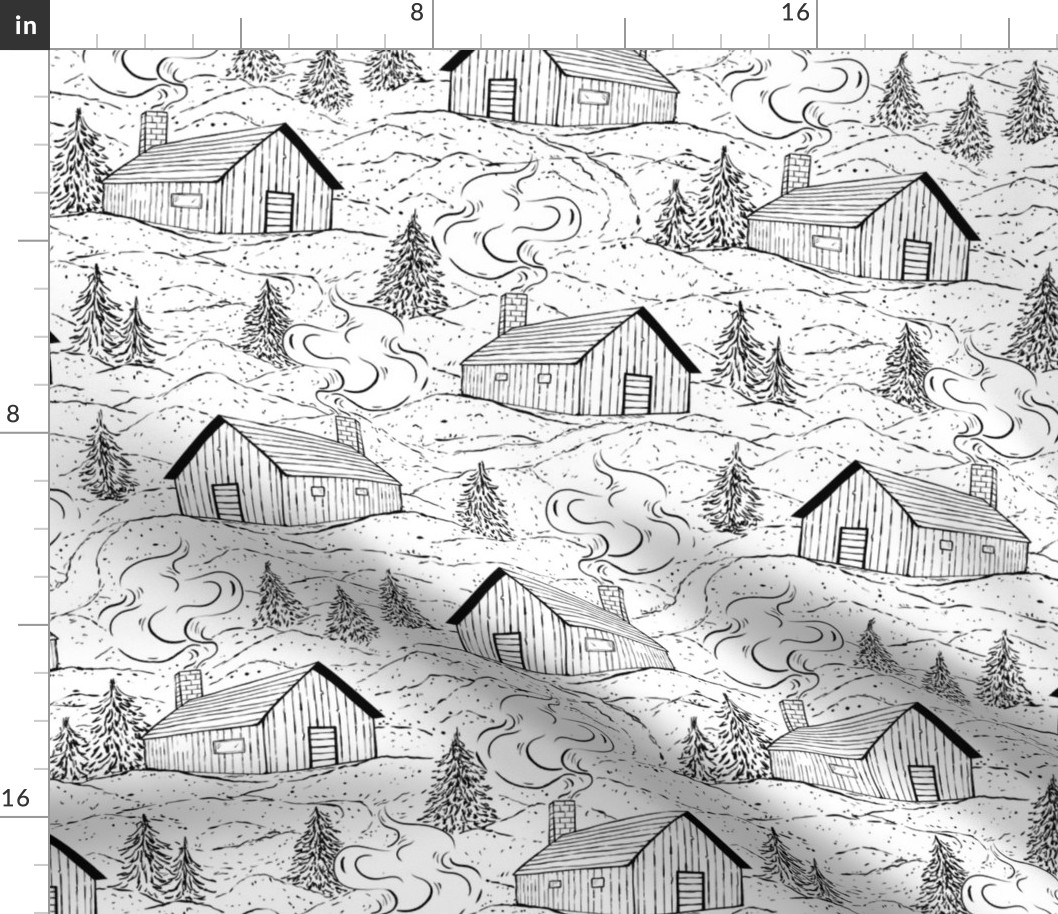 12" Winter Cabins on White Snow with Pine Trees - Cosy Cabins - Black and White Modern Toile Du Jouy