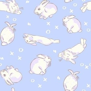 Easter Bunny kisses - white rabbits and xoxo with purple on pastel blue by Jac Slade