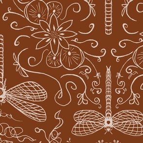 dragonfly doodle  lineart  geometrical folk - rust brown orange - large