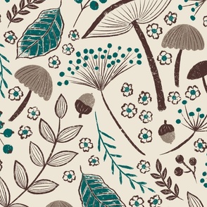 Botanical Night Swim and Molasses Table Linens with Mushrooms, Acorns, Berries, and Fall Foliage