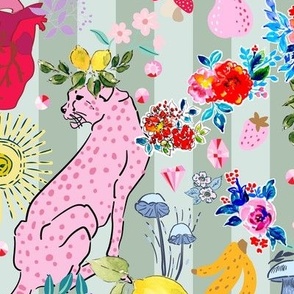 Surreal pink jaguars with discoball and flowers on sage green and dusty mint Large scale