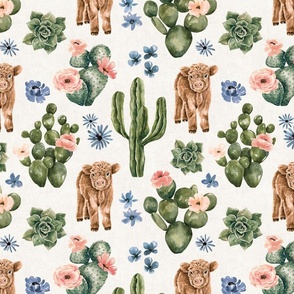Boho Baby Highland Cow and Desert Cactus Floral 12 inch