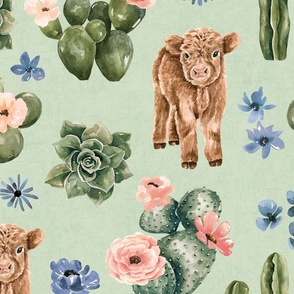 Boho Baby Highland Cow and Desert Cactus Floral on Jade Green 24 inch