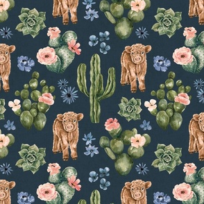 Boho Baby Highland Cow and Cactus Floral on Navy Blue 12 inch