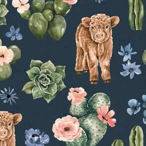 Boho Baby Highland Cow and Cactus Floral on Navy Blue 24 inch