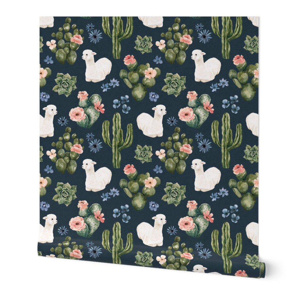 Boho Desert Floral  with Watercolor Llama on Navy Blue 12 inch