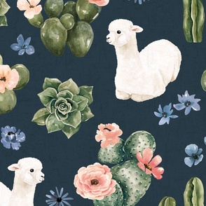 Boho Desert Floral  with Watercolor Llama on Navy Blue 24 inch