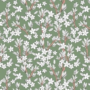 Romantic messy  freehand english garden leaves branches and flower blossom nursery white pink olive green SMALL