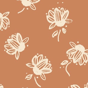 large-Hand Drawn Coneflower-tossed, Cream and Sienna