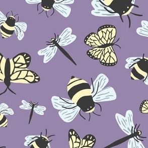 yellow and black bees and butterflies insect themed pattern on purple