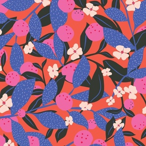 Hot pink background floral fruit pattern
