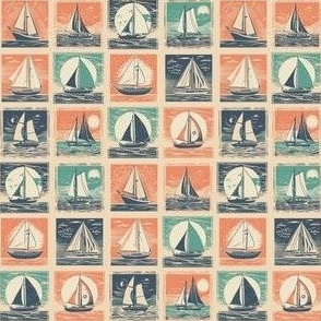 Sailboat Sunset BlockPrint Grid orange teal and navy