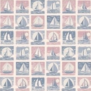 Sailboat Sunset BlockPrint Grid pastel pink and gray