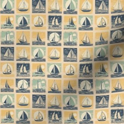 Sailboat Sunset BlockPrint Grid yellow and blue