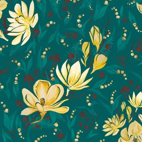 Magnolia & Lily of the Valley Paper Cutting with mushrooms branches ferns & texture in teal, brown, & yellow gold