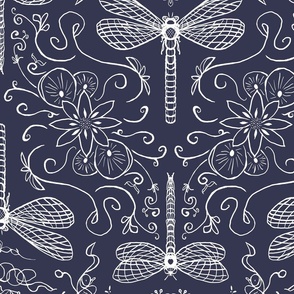 dragonfly doodle lineart  geometrical folk  denim navy blue white - large