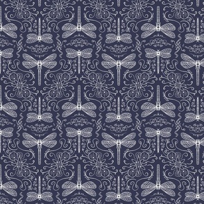dragonfly doodle lineart  geometrical folk  denim navy blue white - small