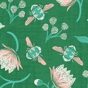 bees and blooms - pink and green