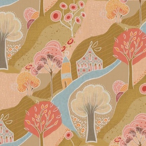 Dreaming of summer, a whimsical villages with trees and houses in a summer landscape 