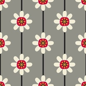 Atomic Blossoms & Stripes // medium print // Pearl White Retro Flowers on Smoky Spotlight