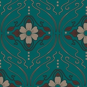 Taupe Art Nouveau Floral on Teal with Burgundy Accents at 5.3 Inches