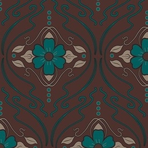 Teal Art Nouveau Floral Repeat on Dark Burgundy with Taupe Accents at 5.3 Inches