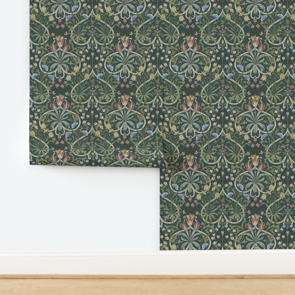 morris woodland weeds dark teal with Wallpaper | Spoonflower