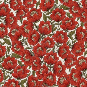 Dancing flowers in red and green on white medium scaleeaves