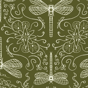 dragonfly doodle lineart geometrical folk moody artichoke green - - large