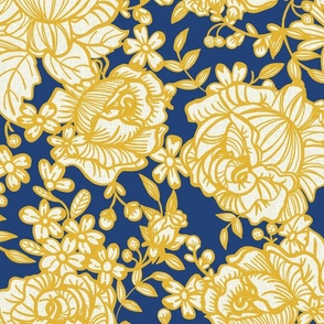 Yellow and ivory cabbage roses on dark blue floral (large scale) 