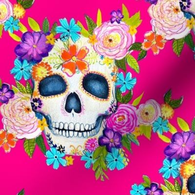 Dia De Los Muertos Floral Sugar Skull Painting // Hot Pink